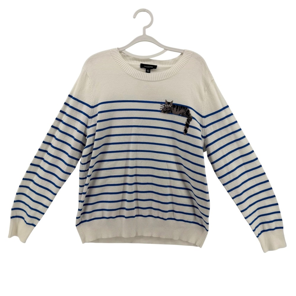 Anthropologie Calligraphie Womens XL White Nautical Striped Cat Crewneck Sweater - Picture 2 of 9